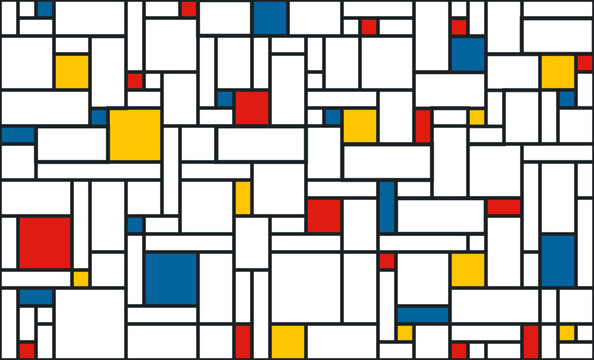 Abstract color-blocking seamless pattern.Piet Mondrian's artwork inspiration. Black line and red yellow blue blocks. Vector illustration. Idea for fabric, curtain,cushion,prints, posters, wallpapers, 