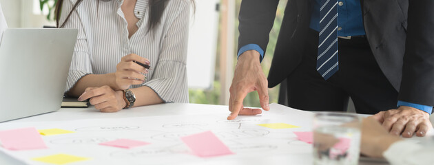 Business conference in organization. Close up group of marketing staff meeting and brainstorming in office