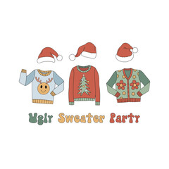Retro 60s 70s Christmas ugly sweater party Santa cap vector illustration isolated on white. Hippie Groovy Xmas costumes print for Holiday season greeting postcard and invitation design.