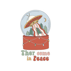Hippie Groovy Christmas Retro 60s 70s snowglobe with UFO vector illustration isolated on white. Snowball globe with flying saucer xmas ornaments print for holiday season decor.