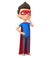 Cartoon character boy in super hero costume is dreaming. 3d render illustration.