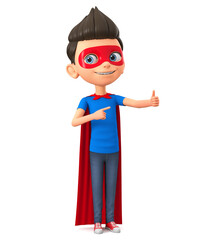 Cartoon character boy in super hero costume showing thumbs up. 3d render illustration.