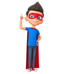 Cartoon character boy in a super hero costume shows an empty board. 3d render illustration.