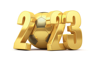 Golden soccer ball shiny with the inscription 2023 on a white background. 3d render illustration.