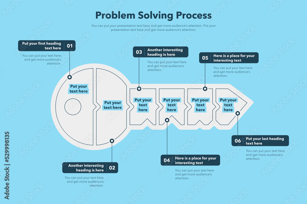 Aufkleber Problem solving process template with six steps and a key as a main symbol - blue version.