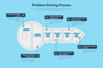 Problem solving process template with six steps and a key as a main symbol - blue version.