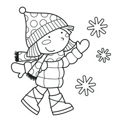 Cute girl playing with snowflakes, winter clipart