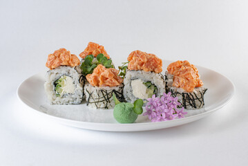 white sushi with salmon on a plate with vasabi
