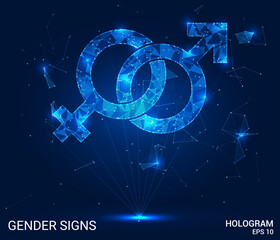 Hologram gender signs. Gender signs made of polygons, triangles of dots and lines. Gender signs icon low-poly connection structure. Technology concept vector.