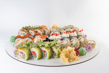 set sushi rolls on white background