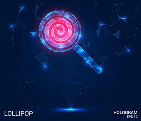 Fototapeta premium Lollipop hologram. A lollipop made of polygons, triangles of dots and lines. Candy icon is a low-poly compound structure. Technology concept vector.