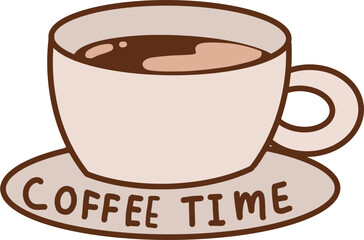 Hand drawn cup of coffee. Flat style.Isolated clipart. Lettering coffee time