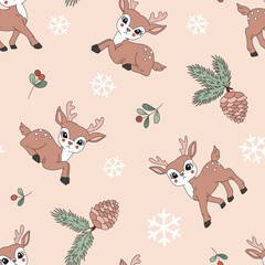 Retro 60s 70s Santa reindeer cone mistletoe snowflake vector seamless pattern. Hippie Groovy Vintage Xmas cute deer winter wondeerland background for holiday festive season wrapping paper.