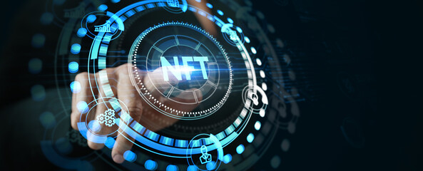 NFT Non-fungible token digital crypto  on virtual screen.