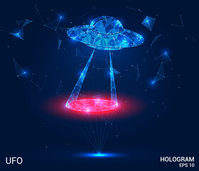 A hologram of a UFO. The flying saucer sign consists of polygons, triangles of points and lines. The spaceship icon is a low-poly compound structure. Technology concept vector.