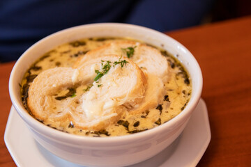 fresh rice noodle soup with chicken, herbs and chili. national dish.