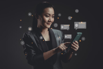 Asian woman using smart phone for check feedback, reviews with comments icon hologram effect.