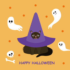 Halloween Cats Costume Party. Funny halloween cat in witch hat with ghosts vector illustration for card or invitation design