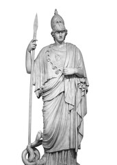 Ancient Greek Roman statue of goddess Athena god of wisdom and the arts historical sculpture isolated on white with clipping path