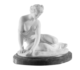 Ancient marble statue of a young sitting woman. Antique female sculpture. Sculpture isolated on white background with clipping path