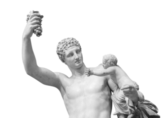 Ancient Greek sculpture of Hermes and the infant Dionysus discovered in 1877 in the ruins of the Temple of Hera isolated on white background with clipping path