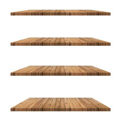 4 old wood shelves table isolated on white background and display montage for product. - 530000526