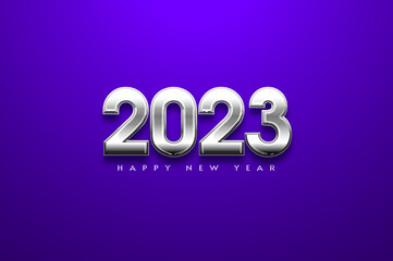 happy new year 2023 with silver numbers on purple background