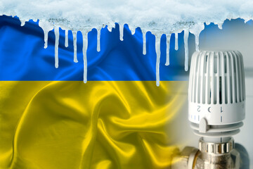 long ice icicles, national silk flag of Ukraine, cold temperature, freeze and ice in winter and...