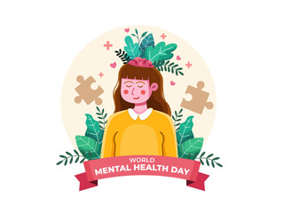 World Mental Health Day Illustration Cartoon.
Mental health awareness concept.
Suitable for greeting card, poster, banner, web, etc.