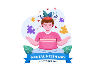 Mental Health Day 10 October illustration with a man relaxing and meditating.
Mental health awareness concept illustration.
Mental health medical treatment.
Can be use for banner, poster, flyer, web