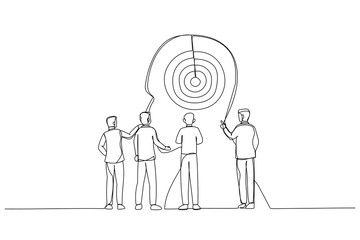 Cartoon of business man target customer and develop marketing strategy. Metaphor for data analysis. Single continuous line art style