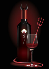 Vector illustrator of a wine bottle in red devils costume with Devil's Trident in wine glass, on the dark background with lights. In the mood for Halloween night. Halloween concept.