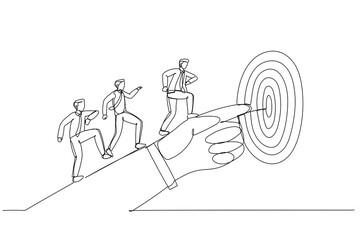 Cartoon of businessman hand pointing to the target. Single continuous line art style