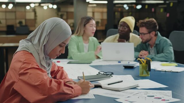 Creative Muslim business woman working on a project in the office sitting at the table next to colleagues.Different Races,Diverse People,Creative Team,Business Partners