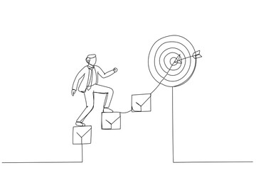 Cartoon of smart businessman walk up checklist as staircase to achieve target. Metaphor for personal development plan for career success. Single continuous line art style