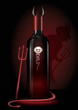 Vector illustrator of a wine bottle in red devils costume with Devil's Trident, on the dark background with lights. In the mood for Halloween night. Halloween concept.