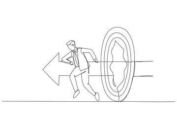 Drawing of businessman like superhero running and breaking target archery. Metaphor of success goal and success. Single line art style