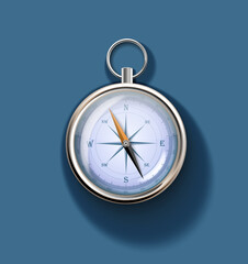 Realistic 3d  Metal Silver Steel Vintage Antique Compass Isolated On Blue Background. Vector Illustration