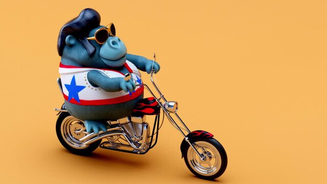 Fun 3D cartoon animation of a gorilla on a motorbike