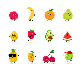 Big set fruits character. banana, cherry, avocado, pear, Orange, apple, lemon, pineapple.