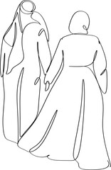 Continuous one line drawing muslim couples wife and husband wearing white traditional clothes for Ihram ready for Hajj. Hajj and umrah concept. Single line draw design vector graphic illustration.