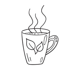 Isolated vector illustration of hot tea cup. Cute thin line icon for design, cover etc.