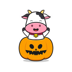 Cute cow with pumpkin halloween mascot icon cartoon illustration flat cartoon style
