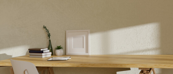 Minimal Scandinavian wood working table with copy space for product display over the white wall.