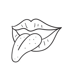 Isolated vector illustration of lips and tongue. Cute thin line icon for design, cover etc.