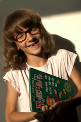female first grader with textbook smiling broadly laughing