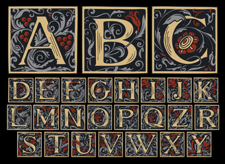 Vintage Alphabet, vector set of hand-drawn ornate initial alphabet letters on a light background. Luxury design of Beautiful royal font for card, invitation, monogram, label, logo © paseven
