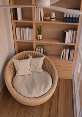 Fototapeta na wymiar Minimal Scandinavian cozy living room or home reading room interior design with wicker armchair