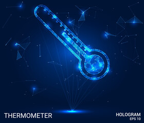 Hologram thermometer. A thermometer made of polygons, triangles of points and lines. Thermometer icon low-poly connection structure. Technology concept vector.
