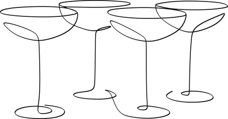 Wine Glass Continuous Line Drawing Black Sketch on White Background. Continuous Simple Drawing of Wine Glass. Minimal One Line Draw Illustration for Cafe, Shop, Delivery.